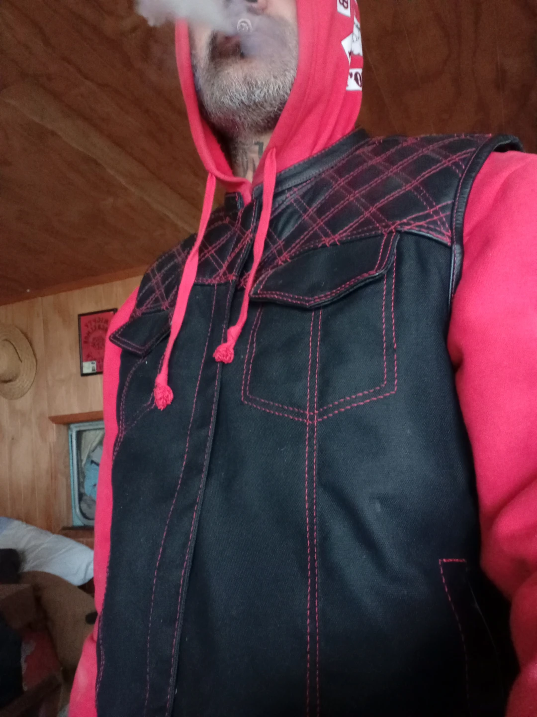 Men Club Style Black Denim Triple Vent Jacket with Red Diamond Stitching  Cut Off