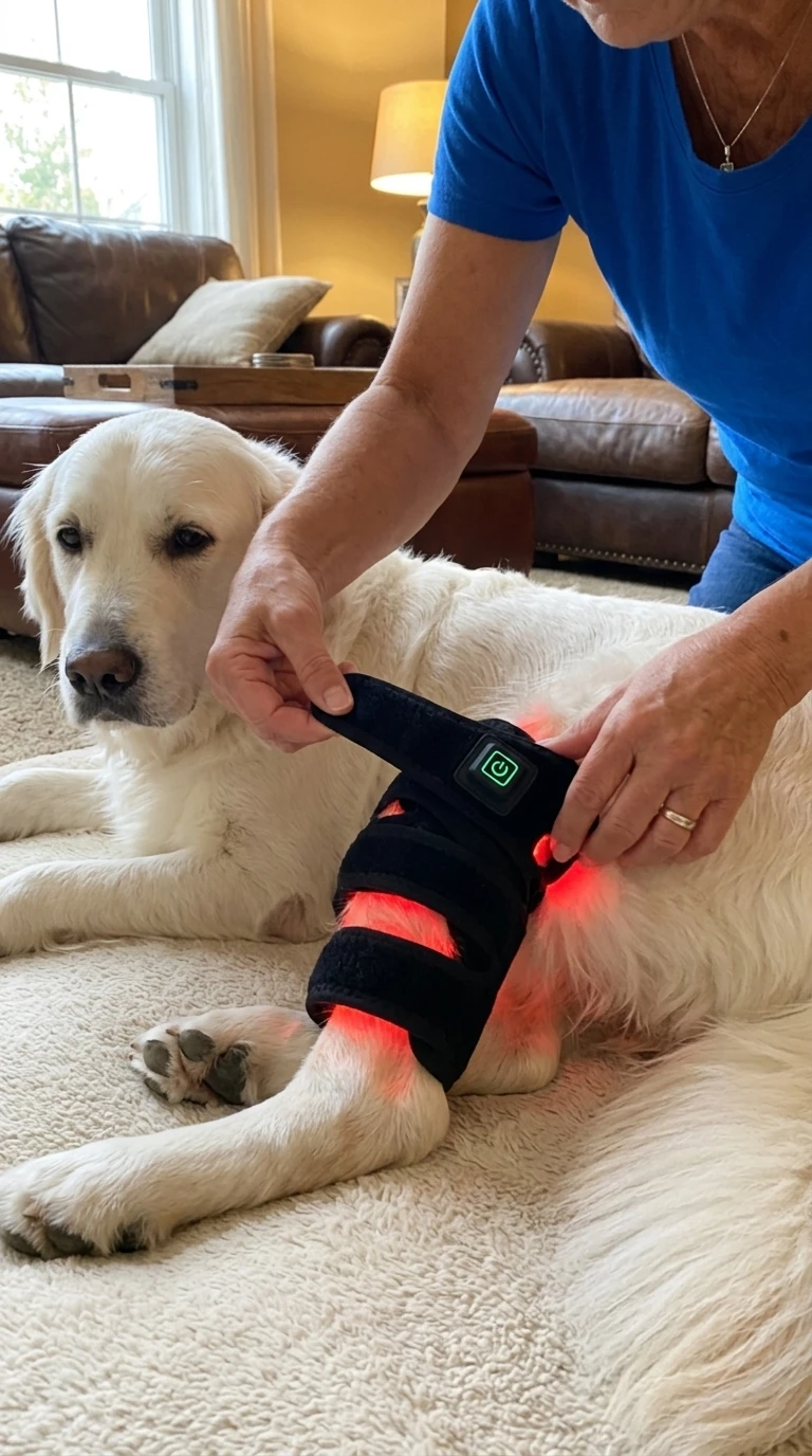 Dog owner using the Lumacanis red light therapy wrap on their dog's leg joint