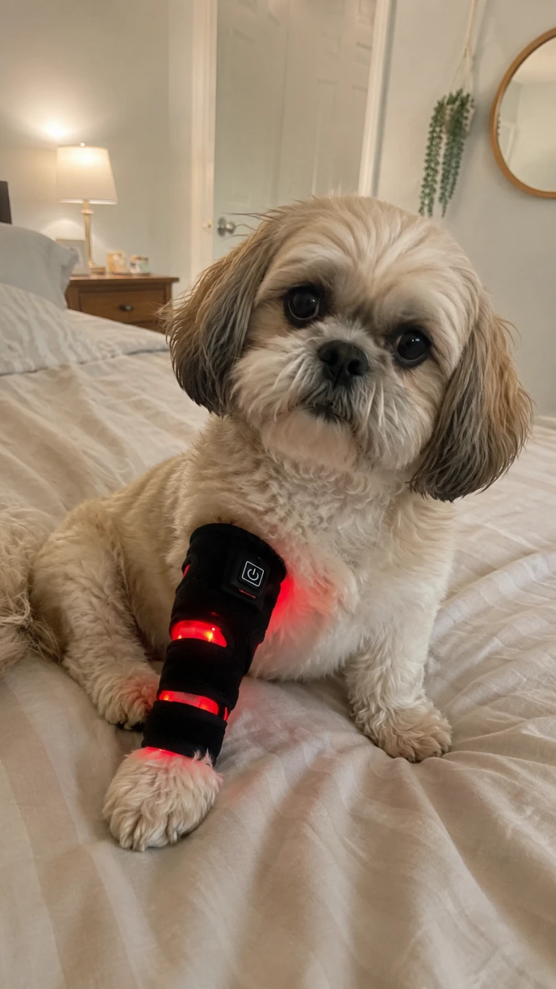 Senior dog resting with the Lumacanis wrap glowing red around its knee joint