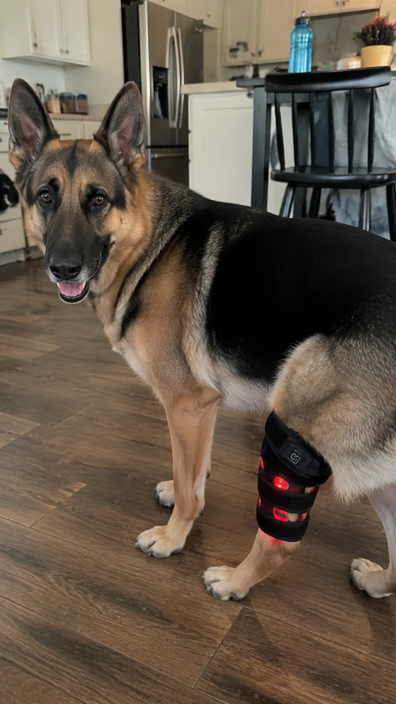 Close-up of the Lumacanis red light therapy wrap in direct contact around a dog's leg